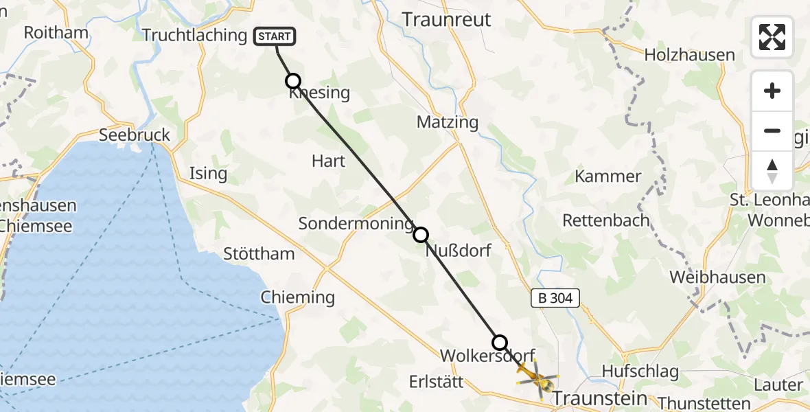 Flugroute Rettungshubschrauber Traunreut - Traunstein Krankenhaus Hubschrauberlandeplatz, 20 April 2026, 17:17