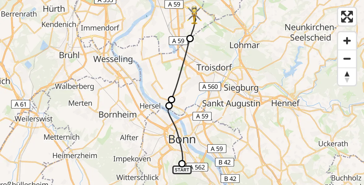Flugroute Rettungshubschrauber Bonn University Hospital - Köln Bonn Flughafen, 20 April 2026, 17:23