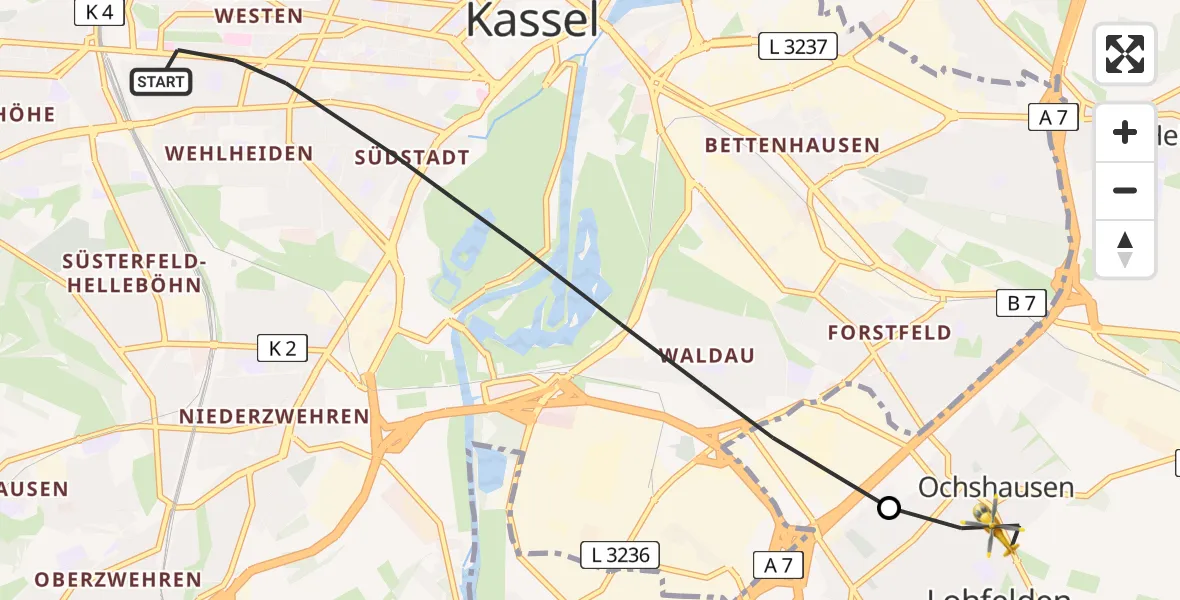 Flugroute Rettungshubschrauber Kassel - Lohfelden, 20 April 2026, 17:36