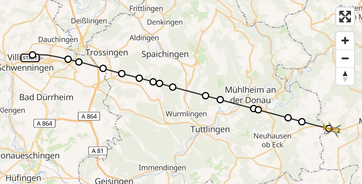 Flugroute Rettungshubschrauber DRF Air Rescue Station Villingen-Schwenningen Hubschrauberlandeplatz (Christoph 11) - Sauldorf, 20 April 2026, 17:44