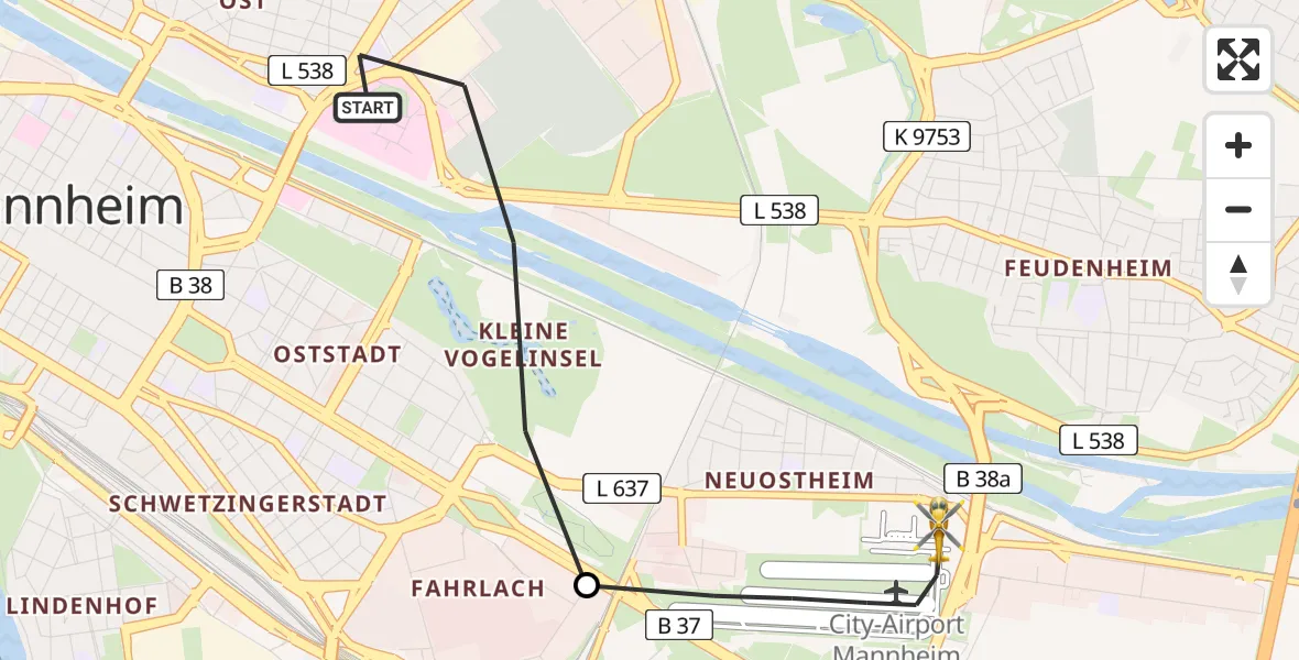 Flugroute Rettungshubschrauber Mannheim - Mannheim-City Flughafen, 20 April 2026, 17:55