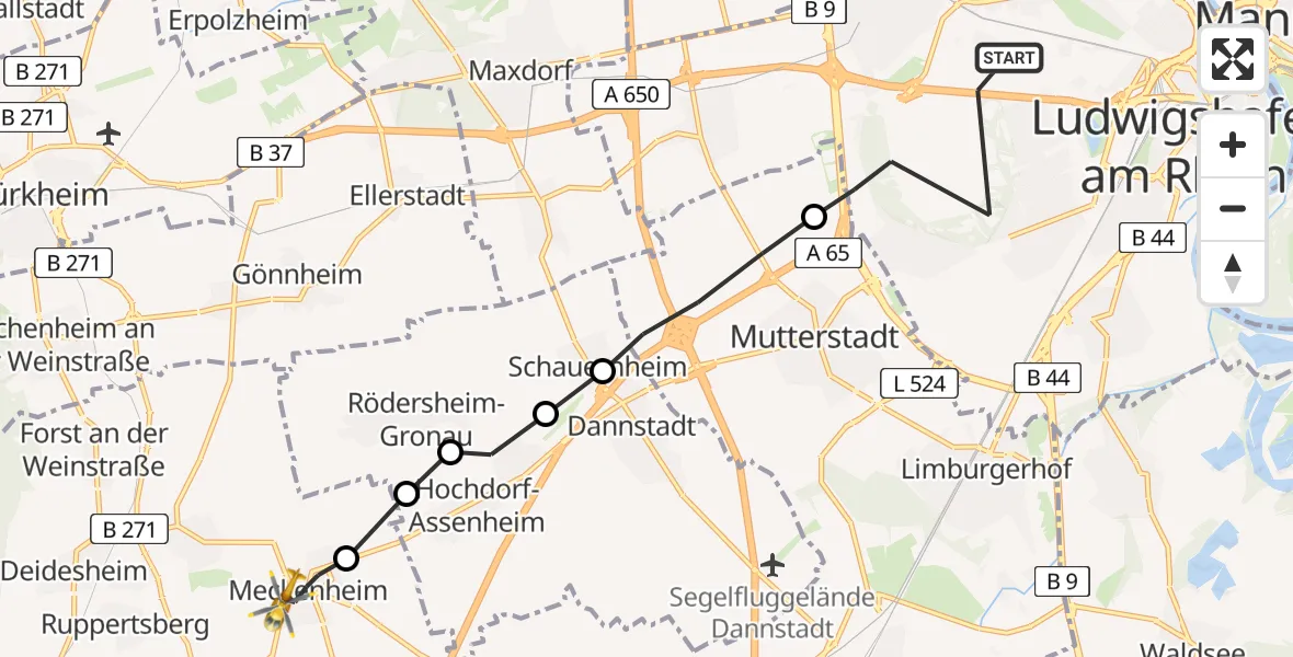 Flugroute Rettungshubschrauber Ludwigshafen am Rhein - Meckenheim, 20 April 2026, 18:01