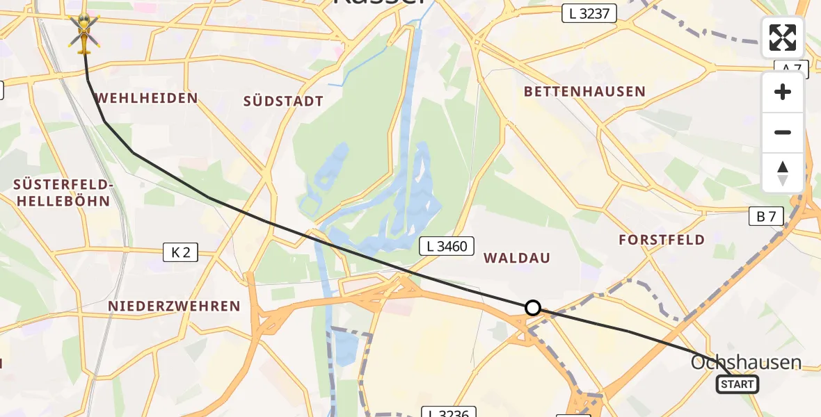 Flugroute Rettungshubschrauber Lohfelden - Kassel, 20 April 2026, 18:11