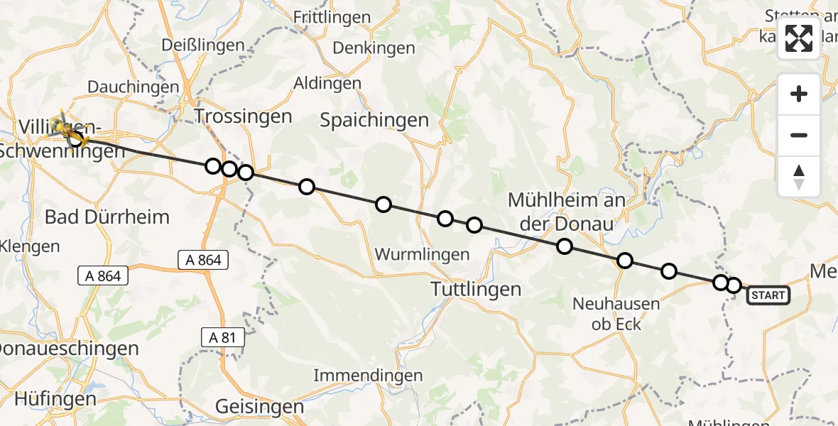 Flugroute Rettungshubschrauber Sauldorf - DRF Air Rescue Station Villingen-Schwenningen Hubschrauberlandeplatz (Christoph 11), 20 April 2026, 18:13