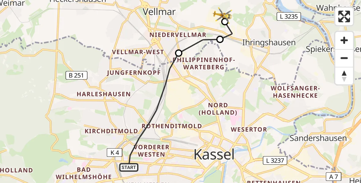 Flugroute Rettungshubschrauber Kassel - Fuldatal Bundespolizei Hubschrauberlandeplatz, 20 April 2026, 18:23