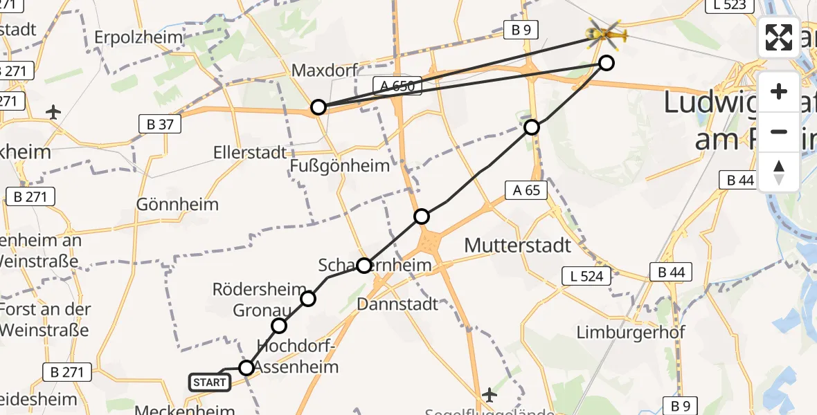 Flugroute Rettungshubschrauber Meckenheim - Ludwigshafen Accident Hospital Hubschrauberlandeplatz, 20 April 2026, 18:29