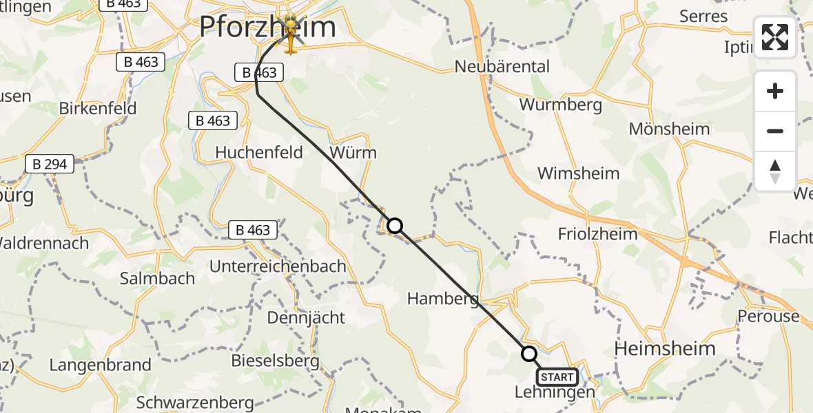 Flugroute Rettungshubschrauber Tiefenbronn - Pforzheim, 20 April 2026, 18:41