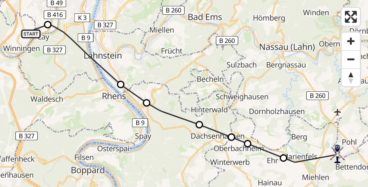 Flugroute Polizeihubschrauber Koblenz-Winningen Flugplatz - Miehlen, 20 April 2026, 18:55