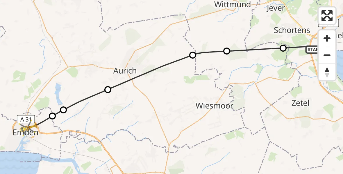 Flugroute Rettungshubschrauber Sande - Emden, 20 April 2026, 19:17