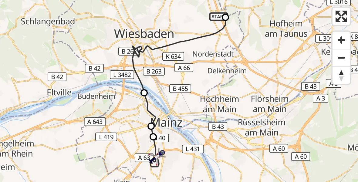 Flugroute Polizeihubschrauber Autobahn Police Wiesbaden Hubschrauberlandeplatz - Mainz, 20 April 2026, 19:29