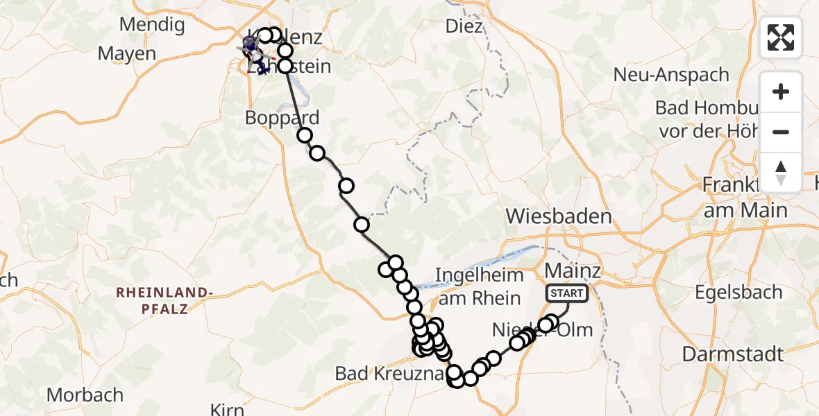 Flugroute Polizeihubschrauber Mainz - Koblenz-Winningen Flugplatz, 20 April 2026, 19:59