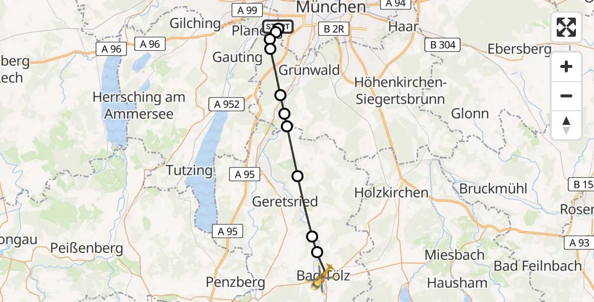 Flugroute Rettungshubschrauber DRF Air Rescue München Hubschrauberlandeplatz - Bad Tölz, 20 April 2026, 20:43