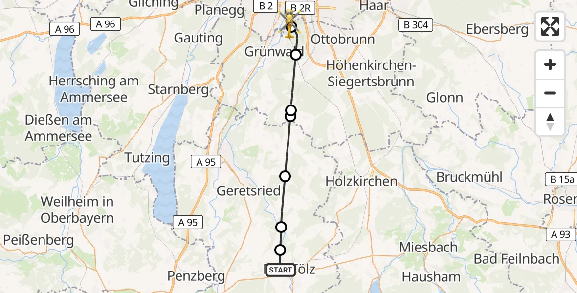 Flugroute Rettungshubschrauber Bad Tölz - ADAC Air Rescue Center Hubschrauberlandeplatz (Christoph 1), 20 April 2026, 21:20