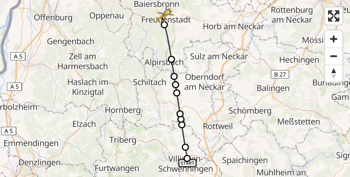 Flugroute Rettungshubschrauber DRF Air Rescue Station Villingen-Schwenningen Hubschrauberlandeplatz (Christoph 11) - Freudenstadt, 20 April 2026, 21:52