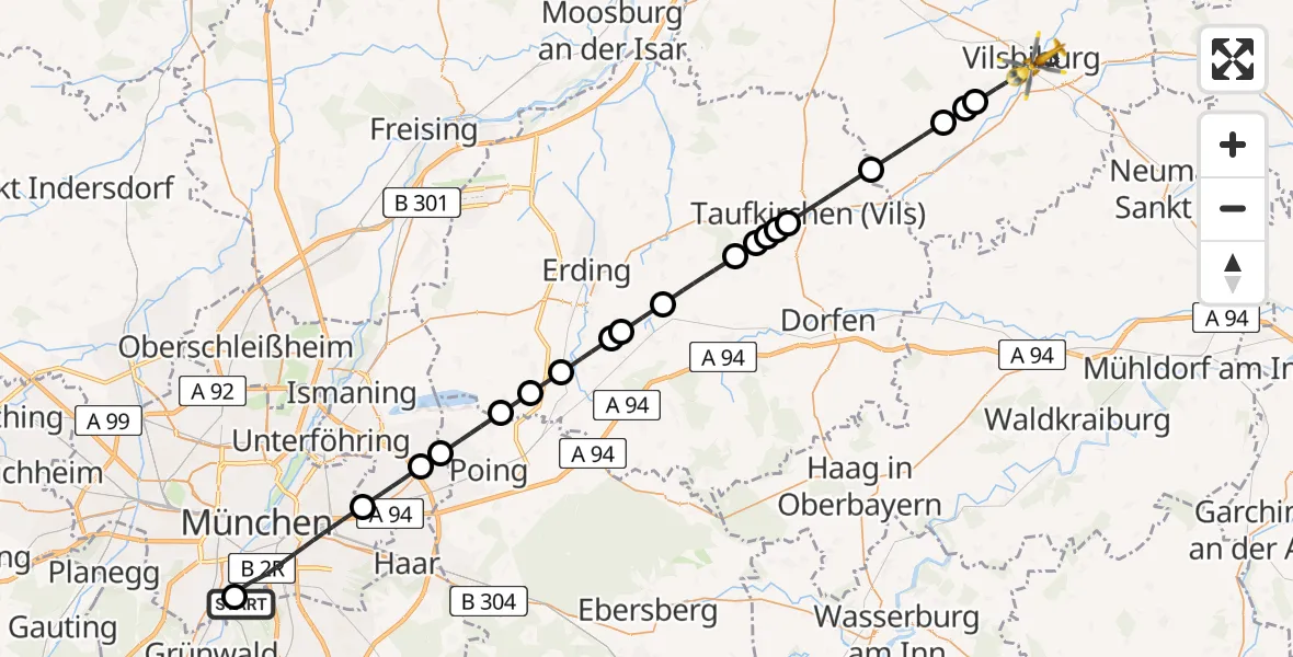 Flugroute Rettungshubschrauber ADAC Air Rescue Center Hubschrauberlandeplatz (Christoph 1) - Vilsbiburg, 20 April 2026, 22:02