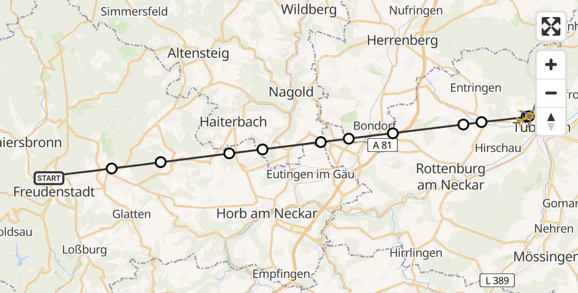 Flugroute Rettungshubschrauber Freudenstadt - Tübingen University Hospital, 20 April 2026, 22:32