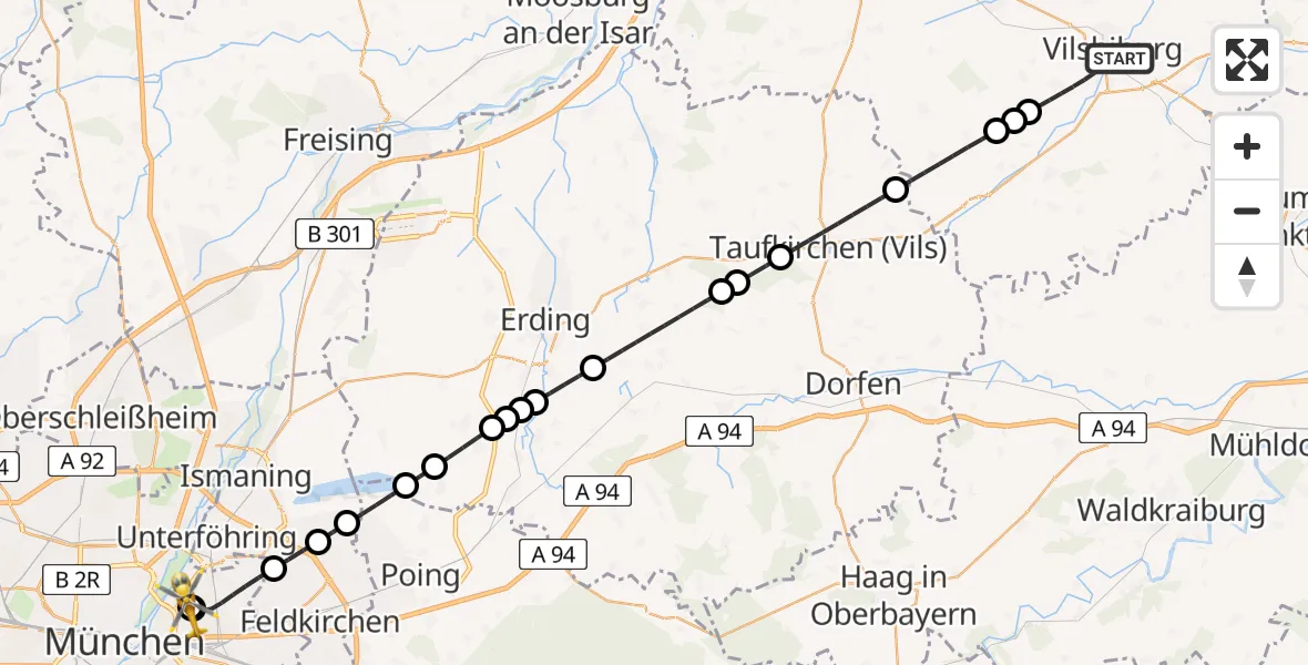 Flugroute Rettungshubschrauber Vilsbiburg - München Bogenhausen Hospital, 20 April 2026, 23:28