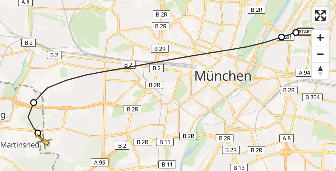Flugroute Rettungshubschrauber München Bogenhausen Hospital - DRF Air Rescue München Hubschrauberlandeplatz, 21 April 2026, 00:23