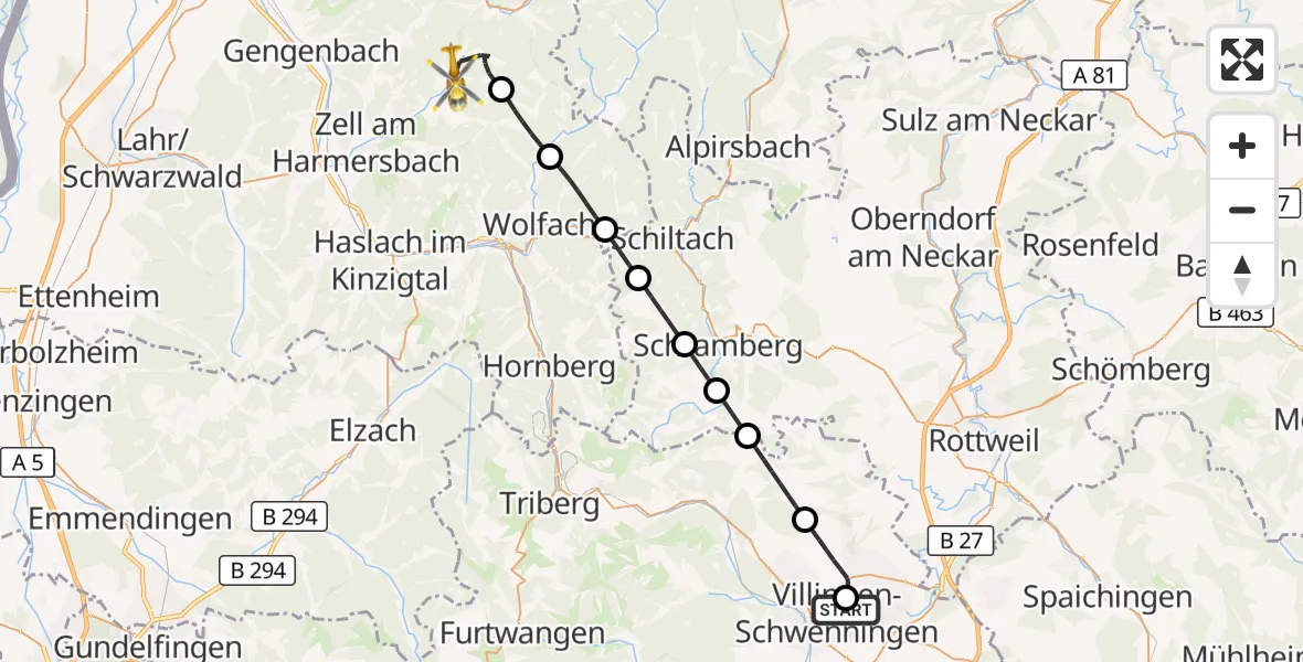Flugroute Rettungshubschrauber DRF Air Rescue Station Villingen-Schwenningen Hubschrauberlandeplatz (Christoph 11) - Oberharmersbach, 21 April 2026, 03:33