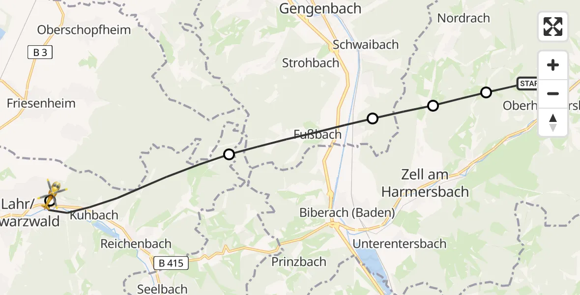 Flugroute Rettungshubschrauber Oberharmersbach - Ortenau Hospital Lahr-Ettenheim, 21 April 2026, 04:10