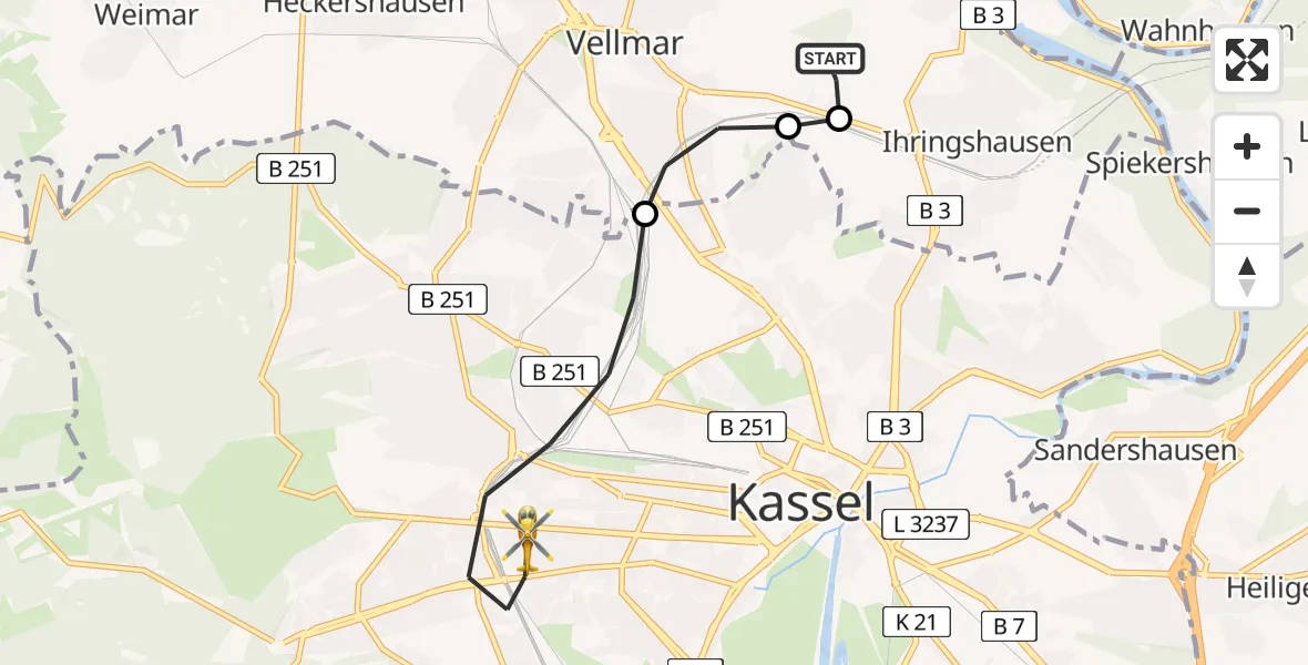 Flugroute Rettungshubschrauber Fuldatal Bundespolizei Hubschrauberlandeplatz - Kassel, 21 April 2026, 05:07