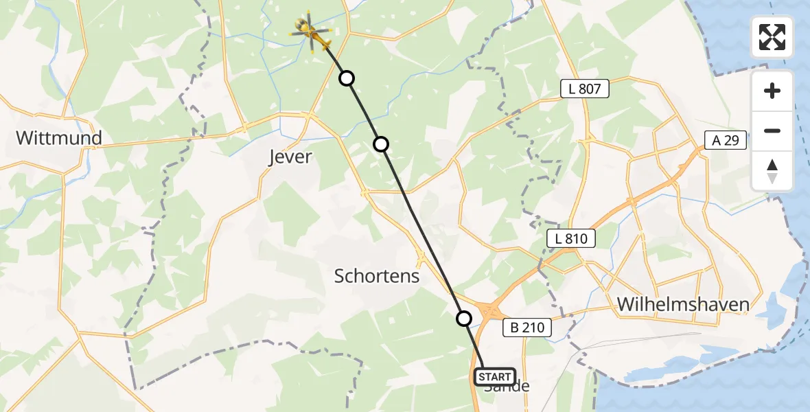 Flugroute Rettungshubschrauber Sande - Wangerland, 21 April 2026, 05:25