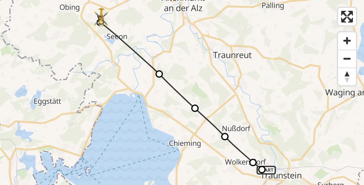 Flugroute Rettungshubschrauber Traunstein Hospital - Obing, 21 April 2026, 05:52