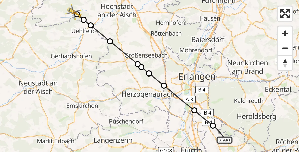 Flugroute Rettungshubschrauber Flughafen Nuremberg - Vestenbergsgreuth, 21 April 2026, 06:00