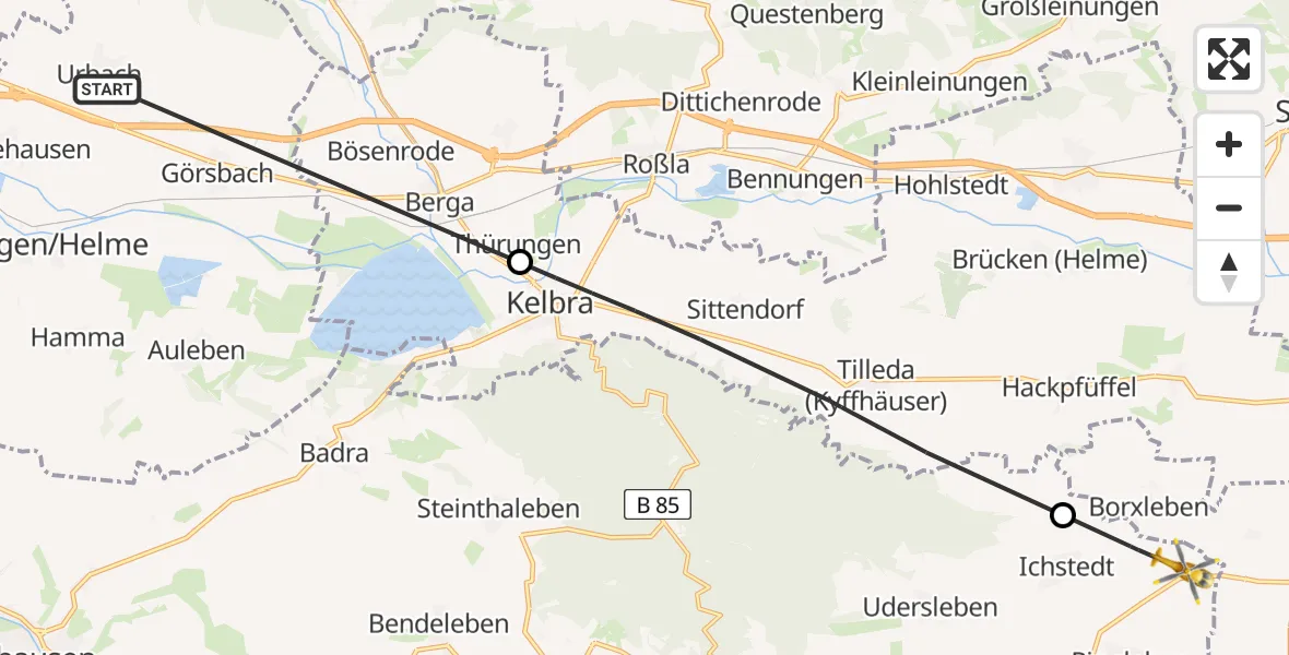 Flugroute Rettungshubschrauber Urbach - Bad Frankenhausen/Kyffhäuser, 21 April 2026, 06:12
