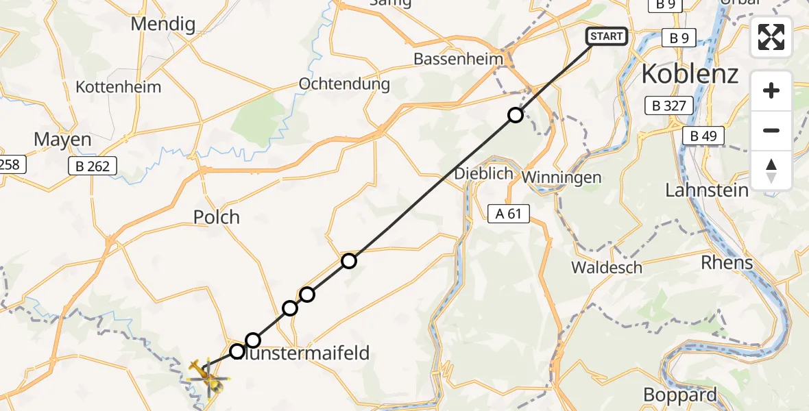 Flugroute Rettungshubschrauber Koblenz - Pillig, 21 April 2026, 06:26