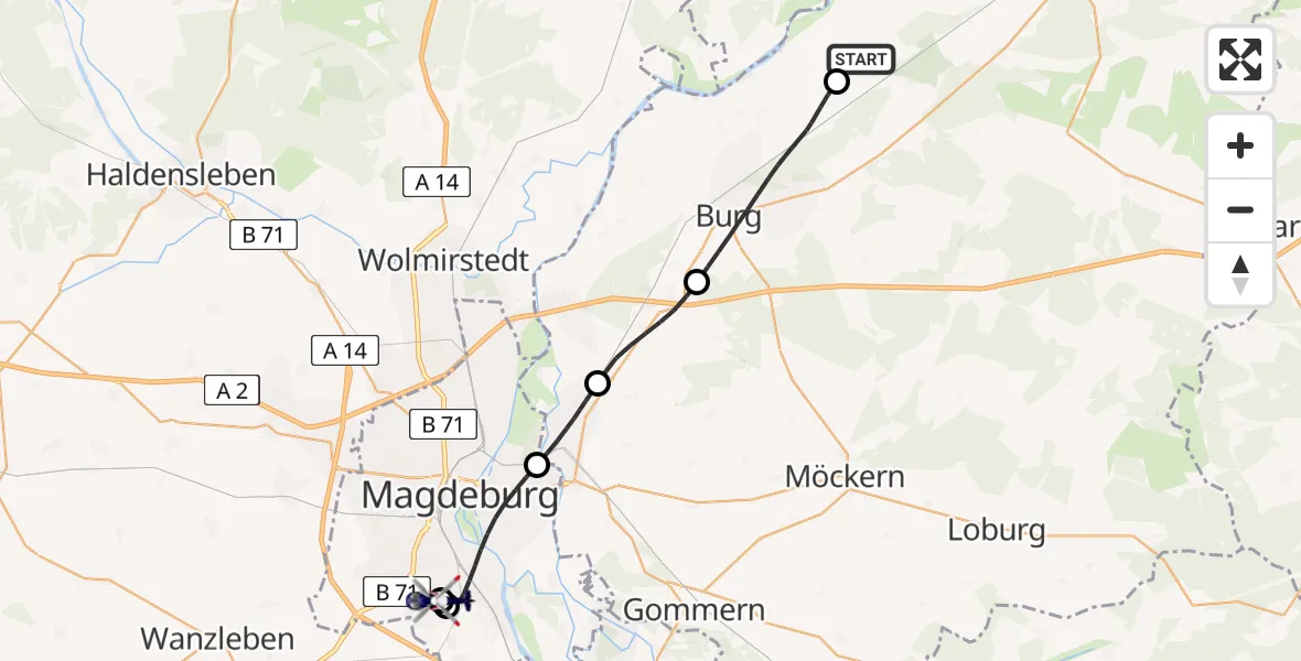 Flugroute Polizeihubschrauber Elbe-Parey - Magdeburg, 21 April 2026, 06:33