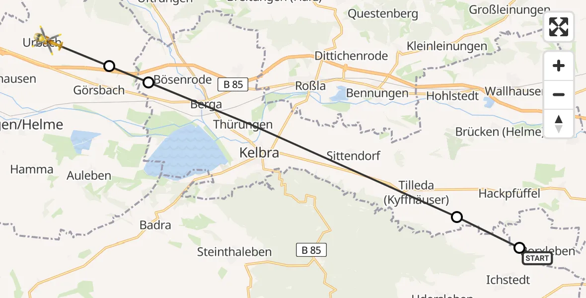 Flugroute Rettungshubschrauber Borxleben - Urbach, 21 April 2026, 06:53