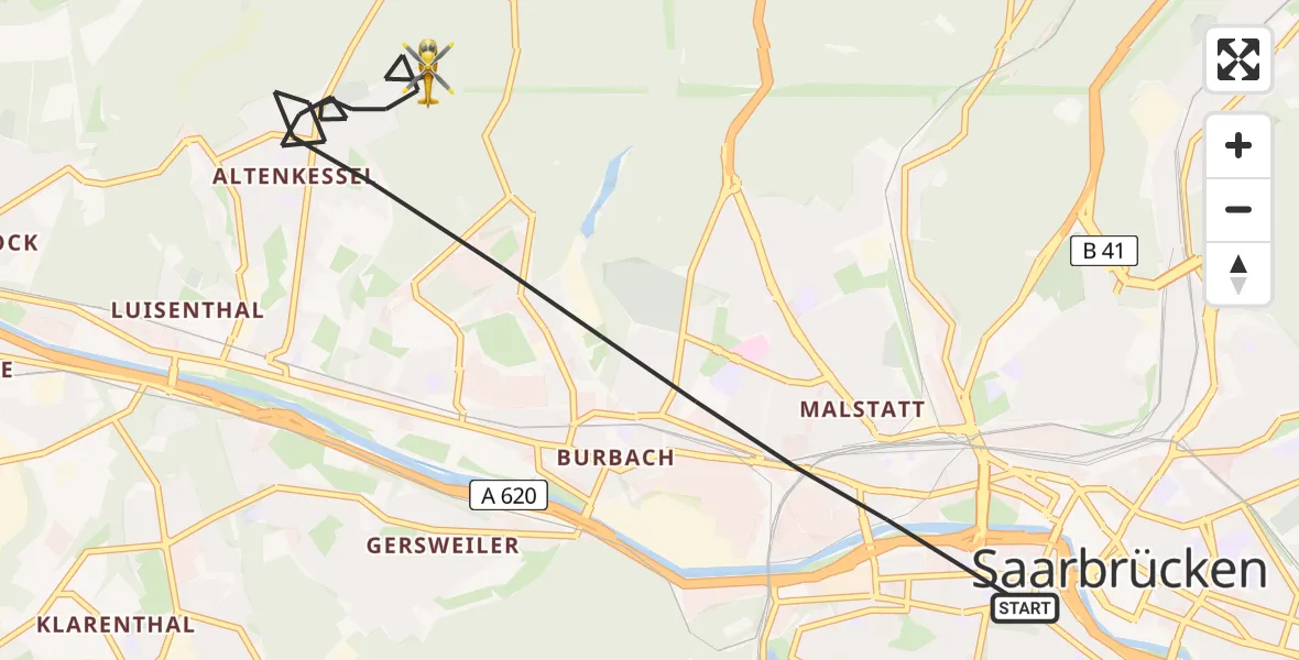 Flugroute Rettungshubschrauber Saarbrücken - Saarbrücken, 21 April 2026, 06:55