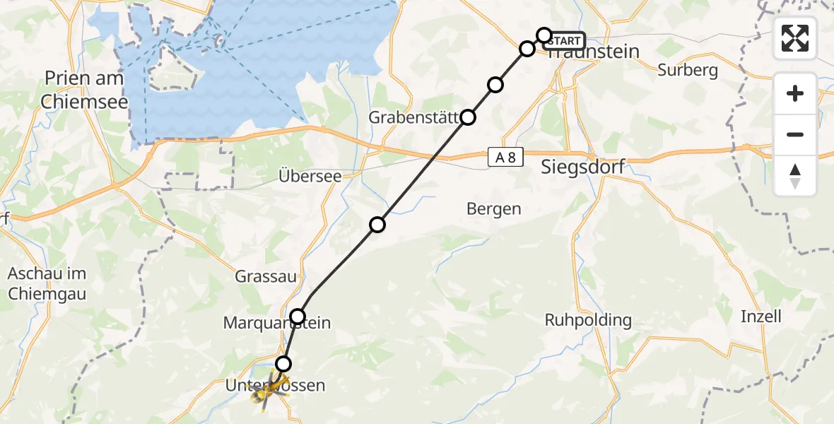 Flugroute Rettungshubschrauber Traunstein Hospital - Unterwössen, 21 April 2026, 06:55