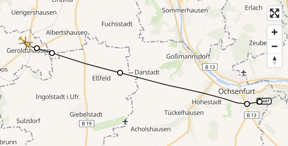 Flugroute Rettungshubschrauber Ochsenfurt Hospital - Geroldshausen, 21 April 2026, 06:58