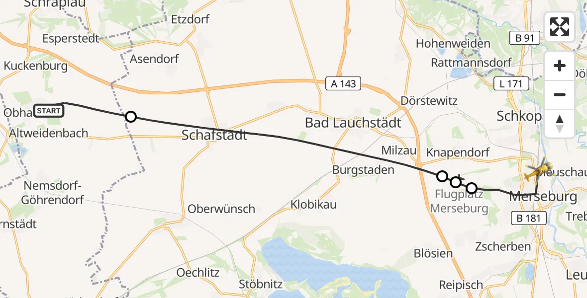 Flugroute Ambulanzhubschrauber Obhausen - Merseburg, 21 April 2026, 06:59