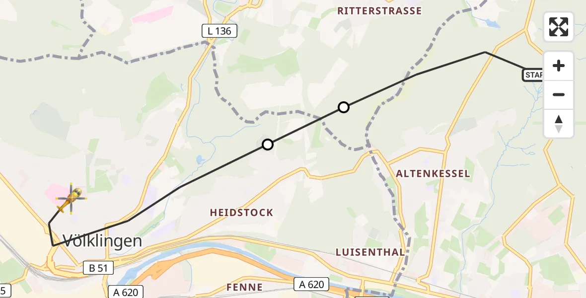 Flugroute Rettungshubschrauber Saarbrücken - Völklingen, 21 April 2026, 07:30