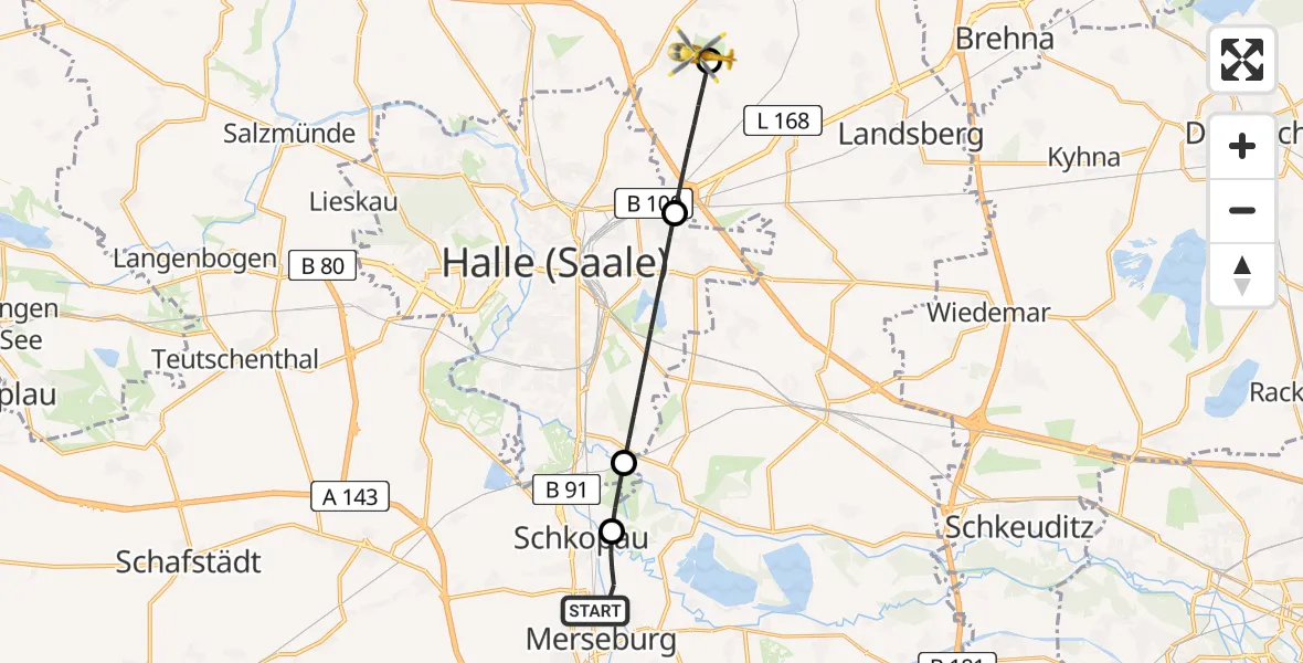 Flugroute Ambulanzhubschrauber Merseburg - Halle-Oppin Flugplatz, 21 April 2026, 07:31