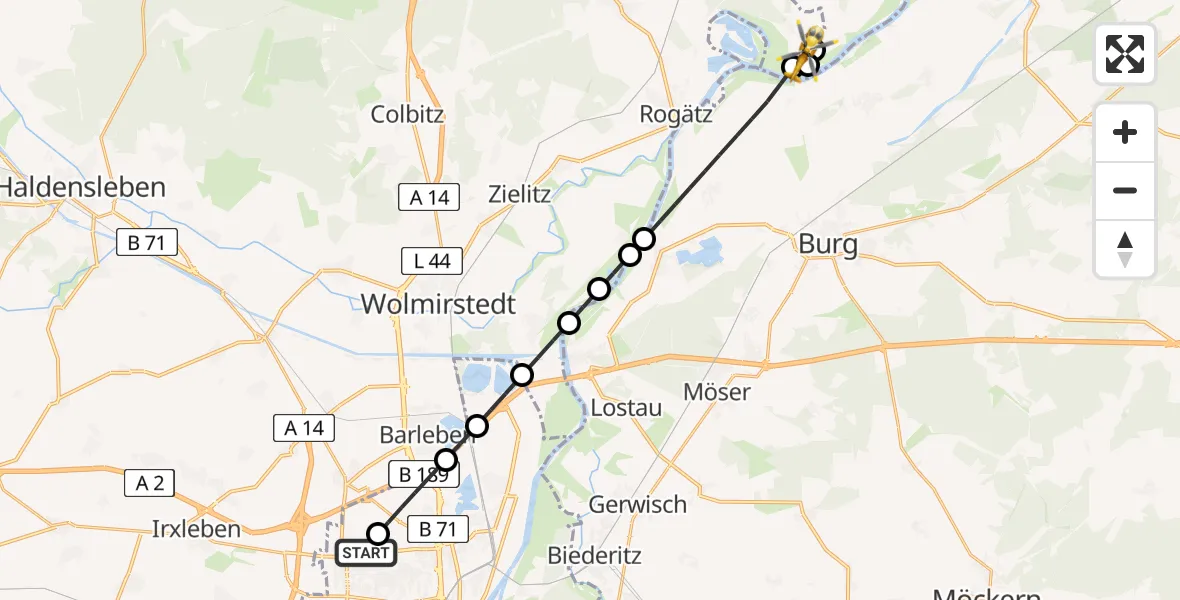 Flugroute Rettungshubschrauber Magdeburg Hospital - Angern, 21 April 2026, 07:38