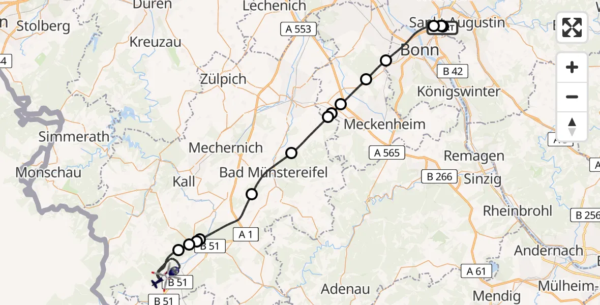 Flugroute Polizeihubschrauber Sankt Augustin - Dahlem, 21 April 2026, 07:41
