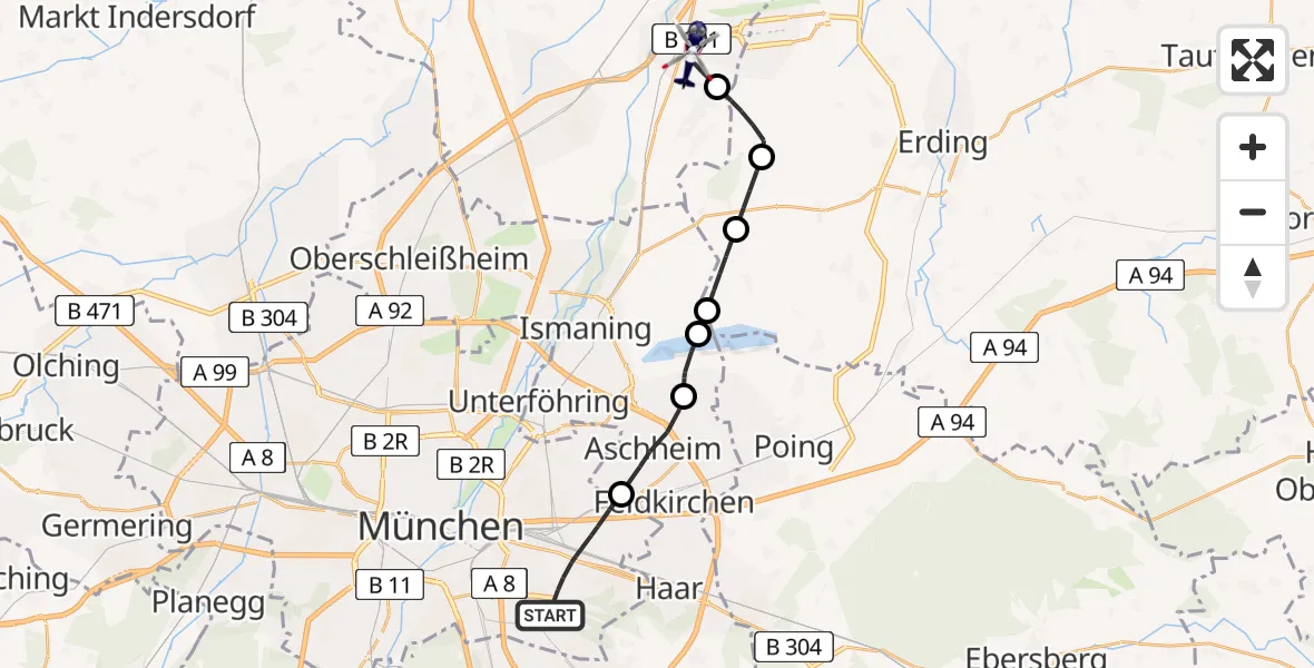 Flugroute Polizeihubschrauber München - Hallbergmoos, 21 April 2026, 07:42