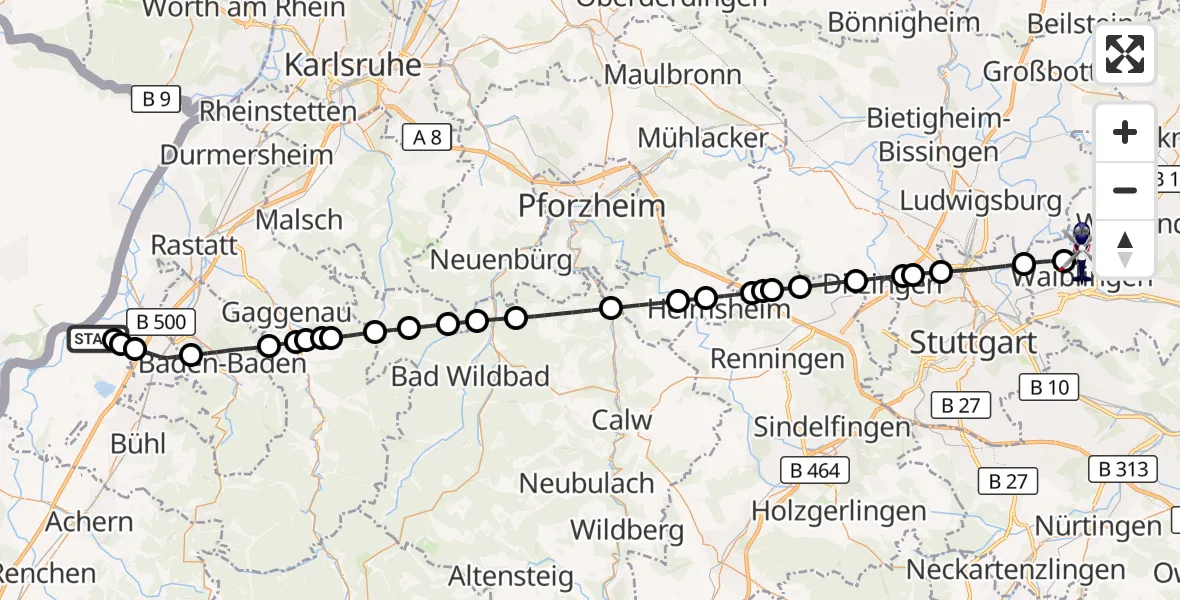 Flugroute Polizeihubschrauber Karlsruhe Baden-Baden Flughafen - Waiblingen, 21 April 2026, 07:46