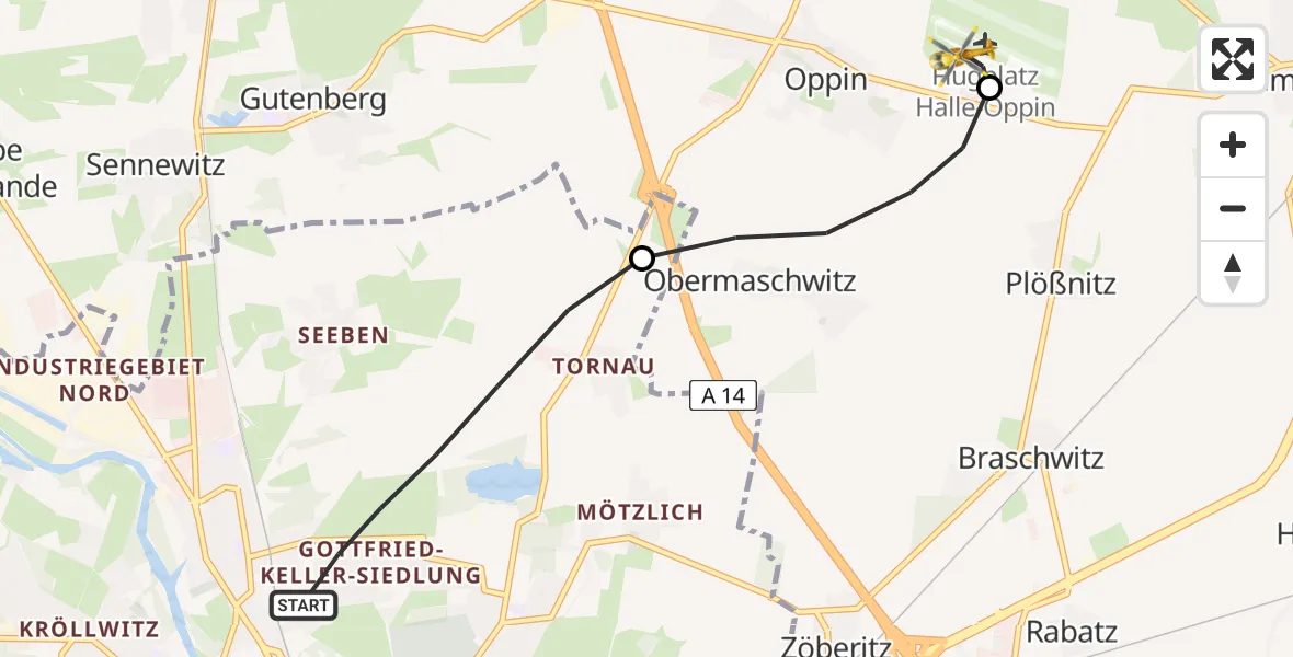 Flugroute Rettungshubschrauber Halle (Saale) - Halle-Oppin Flugplatz, 21 April 2026, 07:51