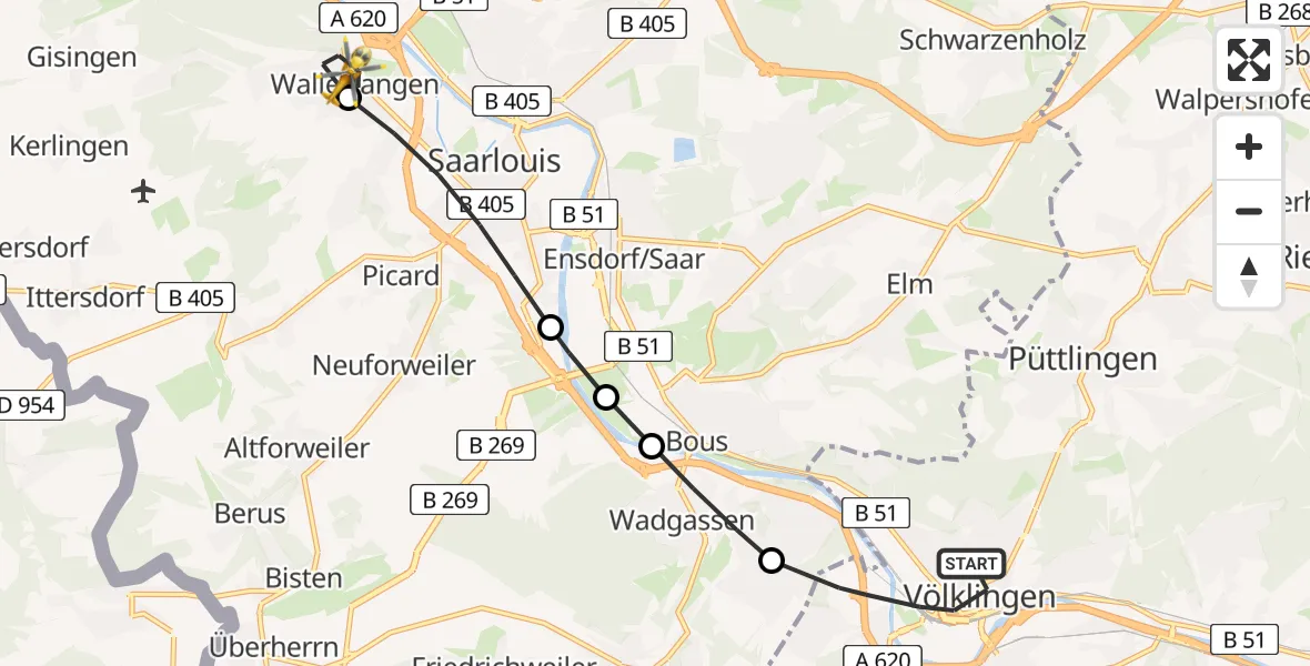Flugroute Rettungshubschrauber Völklingen - Wallerfangen, 21 April 2026, 07:55