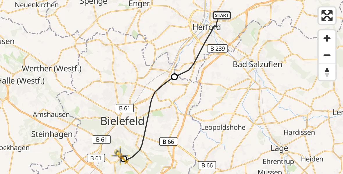 Flugroute Rettungshubschrauber Herford - Luftrettungszentrum Bielefeld, 21 April 2026, 08:01