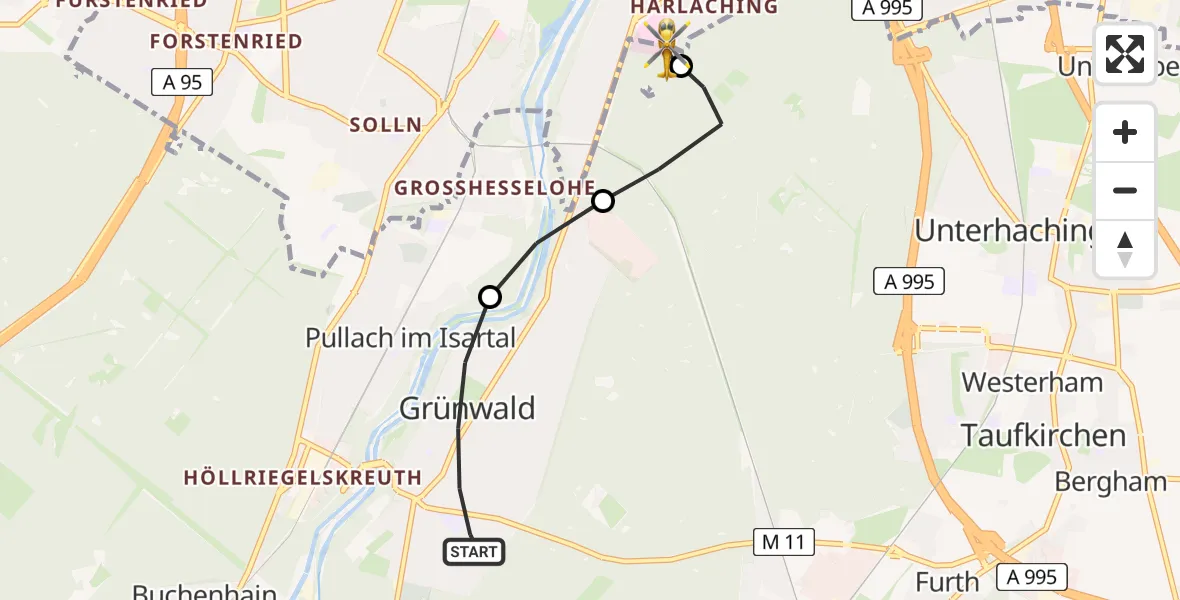 Flugroute Rettungshubschrauber Grünwald - ADAC Air Rescue Center Hubschrauberlandeplatz (Christoph 1), 21 April 2026, 08:05