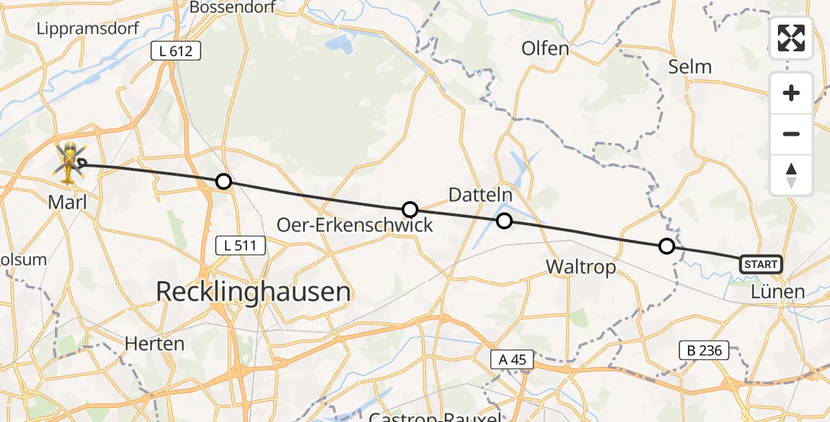Flugroute Rettungshubschrauber Lünen - Marl, 21 April 2026, 08:18