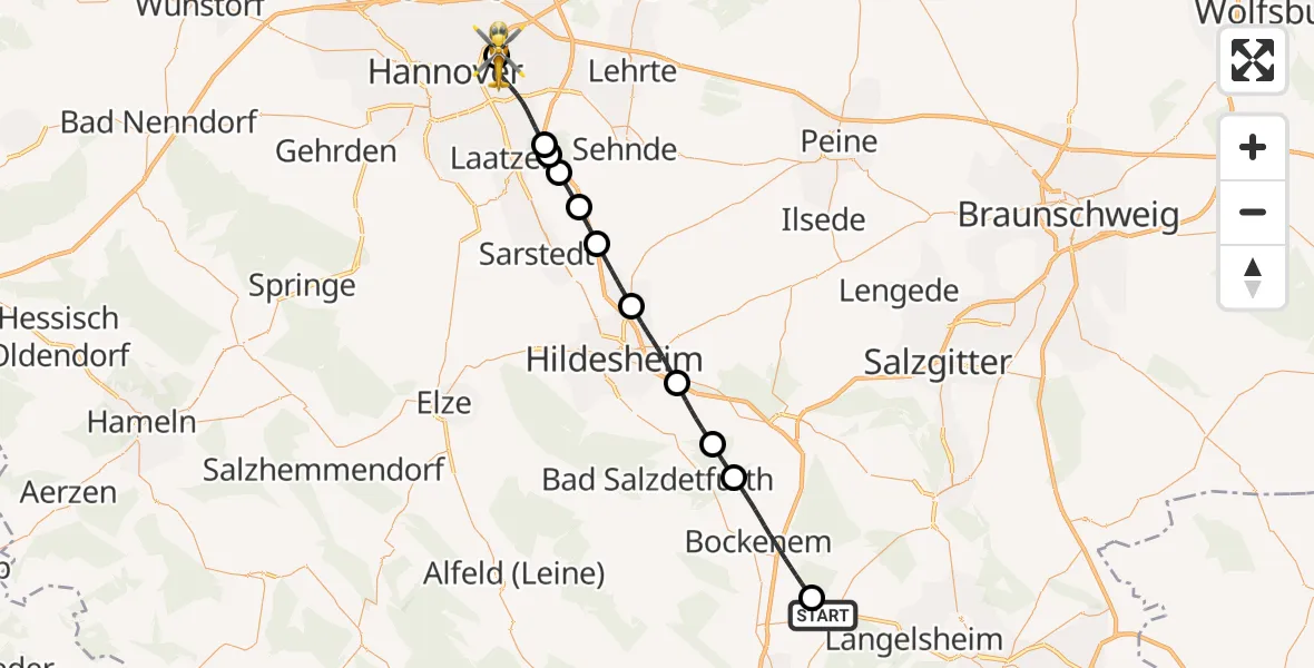 Flugroute Rettungshubschrauber Langelsheim - Hannover Luftrettung Hubschrauberlandeplatz (Christoph 4), 21 April 2026, 08:19