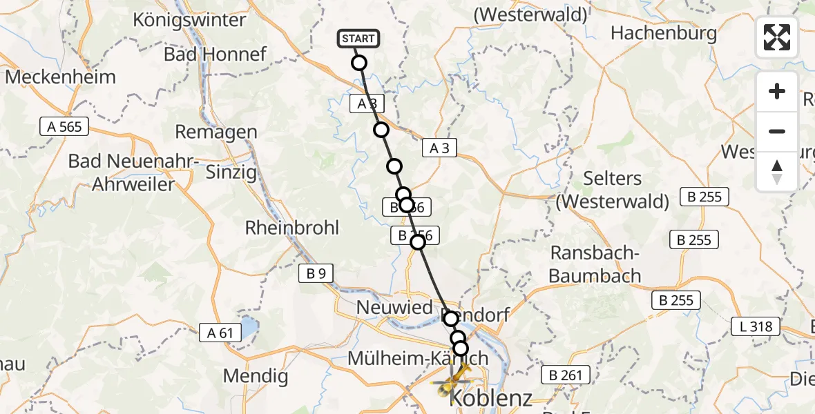 Flugroute Rettungshubschrauber Asbach - Koblenz, 21 April 2026, 08:20