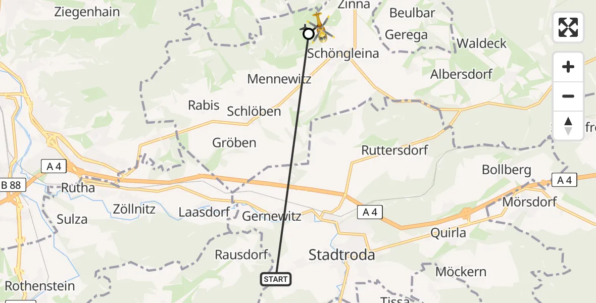Flugroute Rettungshubschrauber Stadtroda - Jena-Schöngleina Flugplatz, 21 April 2026, 08:20